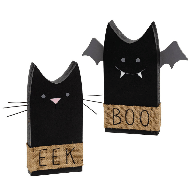Boo Bat, Eek Cat Wooden Sitter - Set of 2
