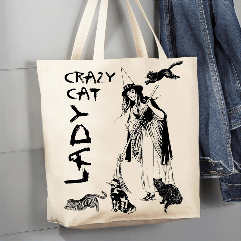 Crazy Cat Lady Witch Canvas Tote Bag