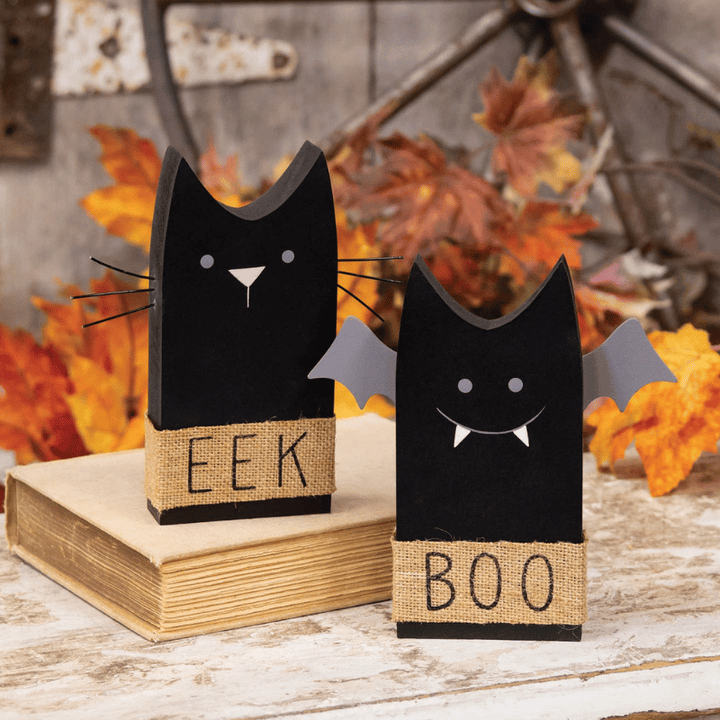 Boo Bat, Eek Cat Wooden Sitter - Set of 2