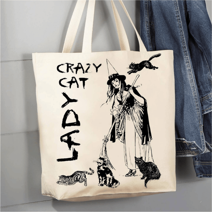 Crazy Cat Lady Witch Canvas Tote Bag