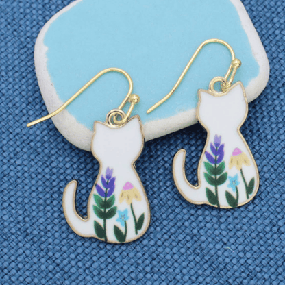 Floral Feline White Cat Earrings