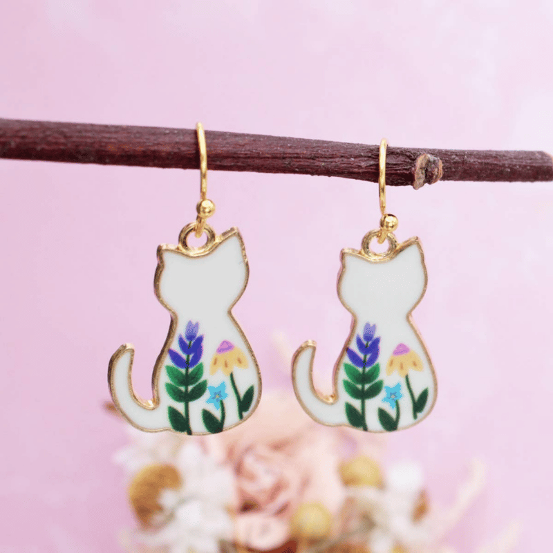 Floral Feline White Cat Earrings