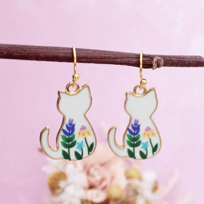 Floral Feline White Cat Earrings