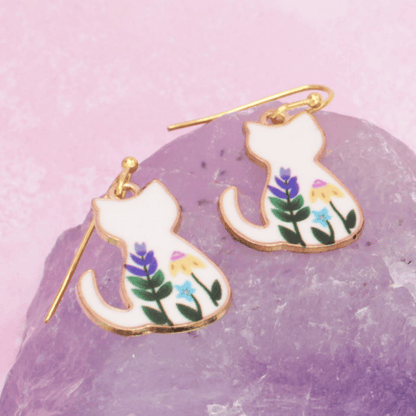 Floral Feline White Cat Earrings