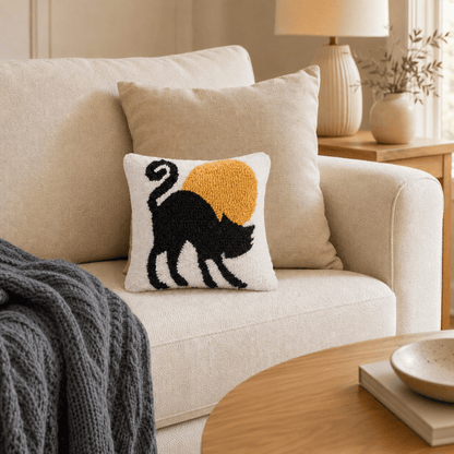 Halloween Black Cat Moonlight Throw Pillow